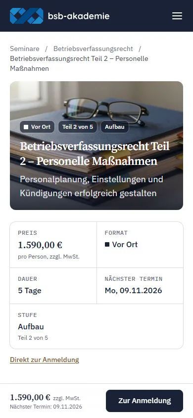 Seminar page for works constitution law, part 2, on a phone, with price, format, duration and the dates to choose from.