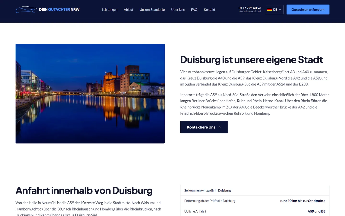 Duisburg town page: photo of the inner harbor, next to it “Duisburg ist unsere eigene Stadt” (Duisburg is our own city) with the city’s highway interchanges and bridges.
