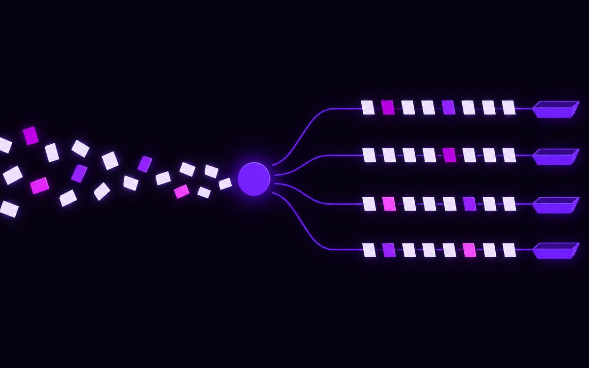 Illustration: Von links treiben ungeordnet leere Karten auf einen violetten Punkt in der Mitte zu. Rechts davon teilt sich der Strom in vier Bahnen, auf jeder liegen die Karten in einer Reihe und enden in einer eigenen Ablage. So landet jedes Ticket in der richtigen Abteilung.
